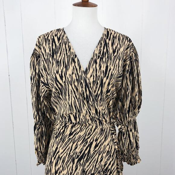 ELF Made by Hand Set Sail Wrap Dress Midi Puff Sleeves Size Large Tan Brown - Picture 4 of 16